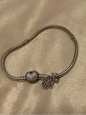 Pandora Bracelet with Sparkling Heart Bead and Silver Hamsa Charm